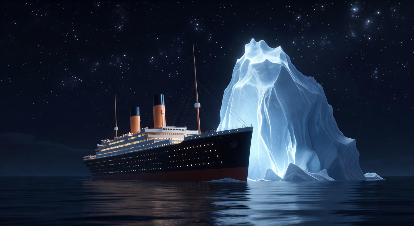 Pixar-style illustration of the Titanic ship scraping against a huge glowing iceberg at night in the dark Atlantic Ocean.