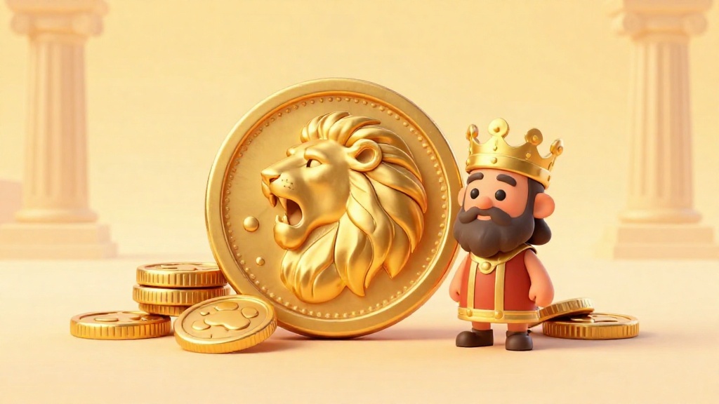 Cartoon illustration of ancient Lydian gold coins stamped with a lion head and King Croesus.