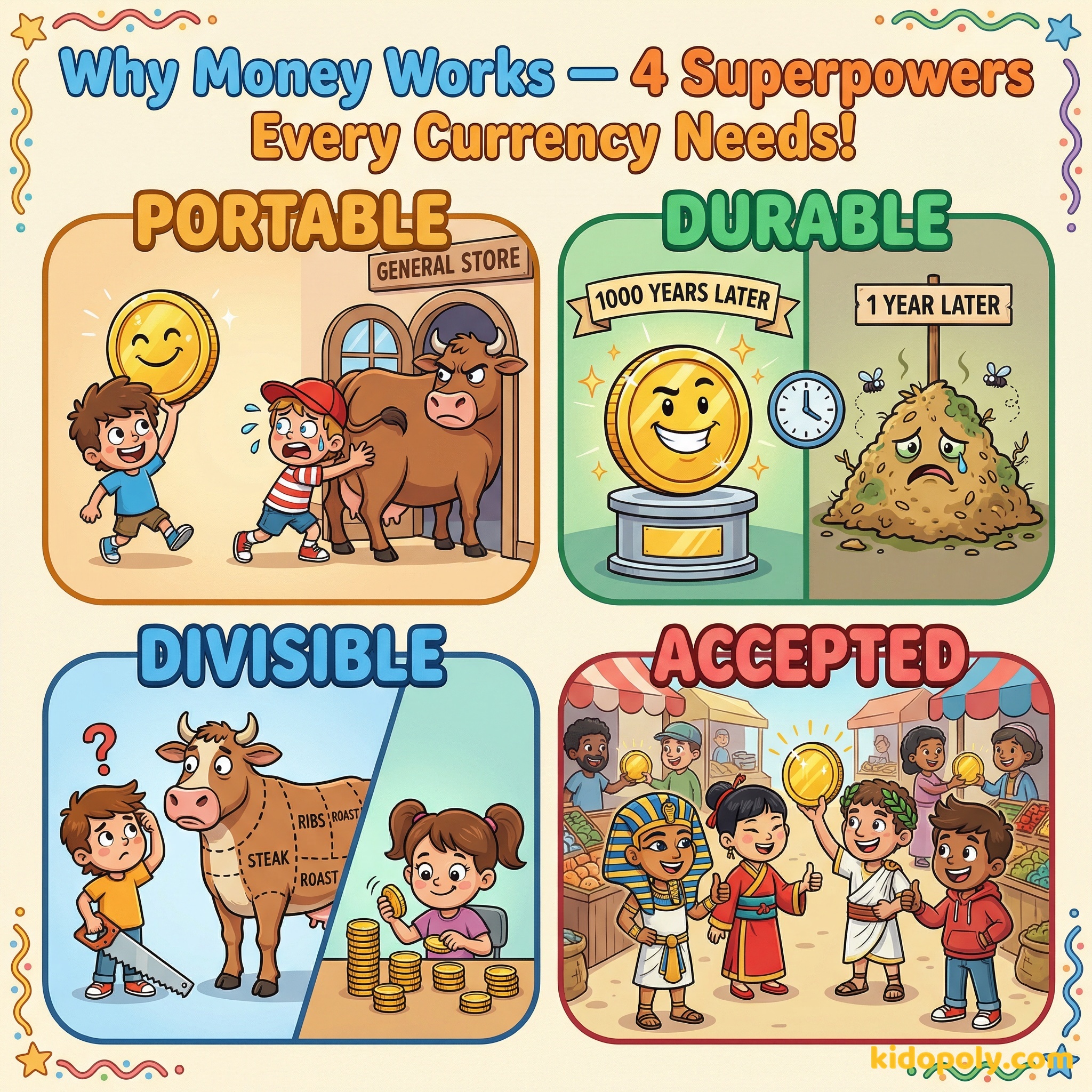 Fun cartoon infographic showing the 4 superpowers of money: Portable, Durable, Divisible, and Accepted — with hilarious kid-friendly scenes.