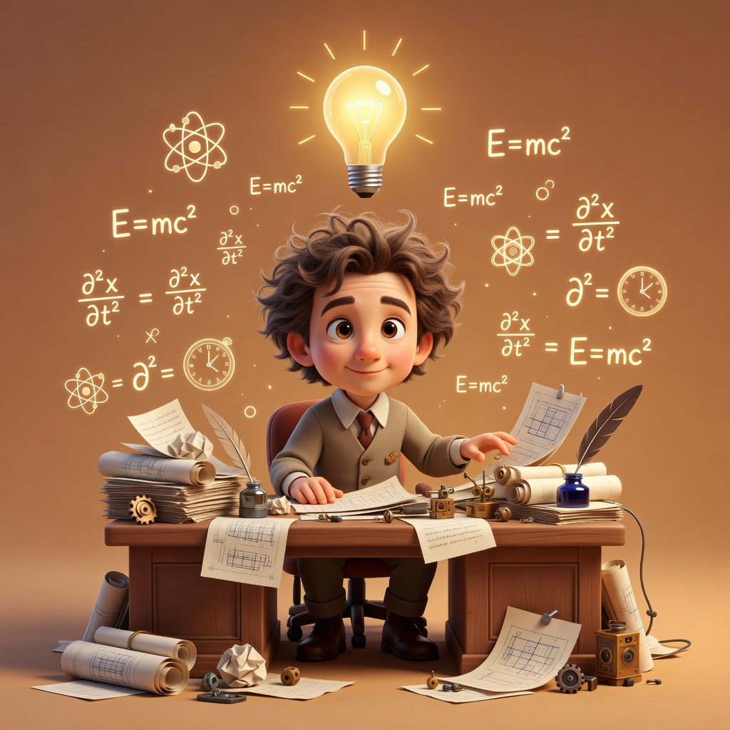 Pixar-style illustration of young Albert Einstein at his patent office desk surrounded by papers and glowing equations, representing his miracle year of 1905.
