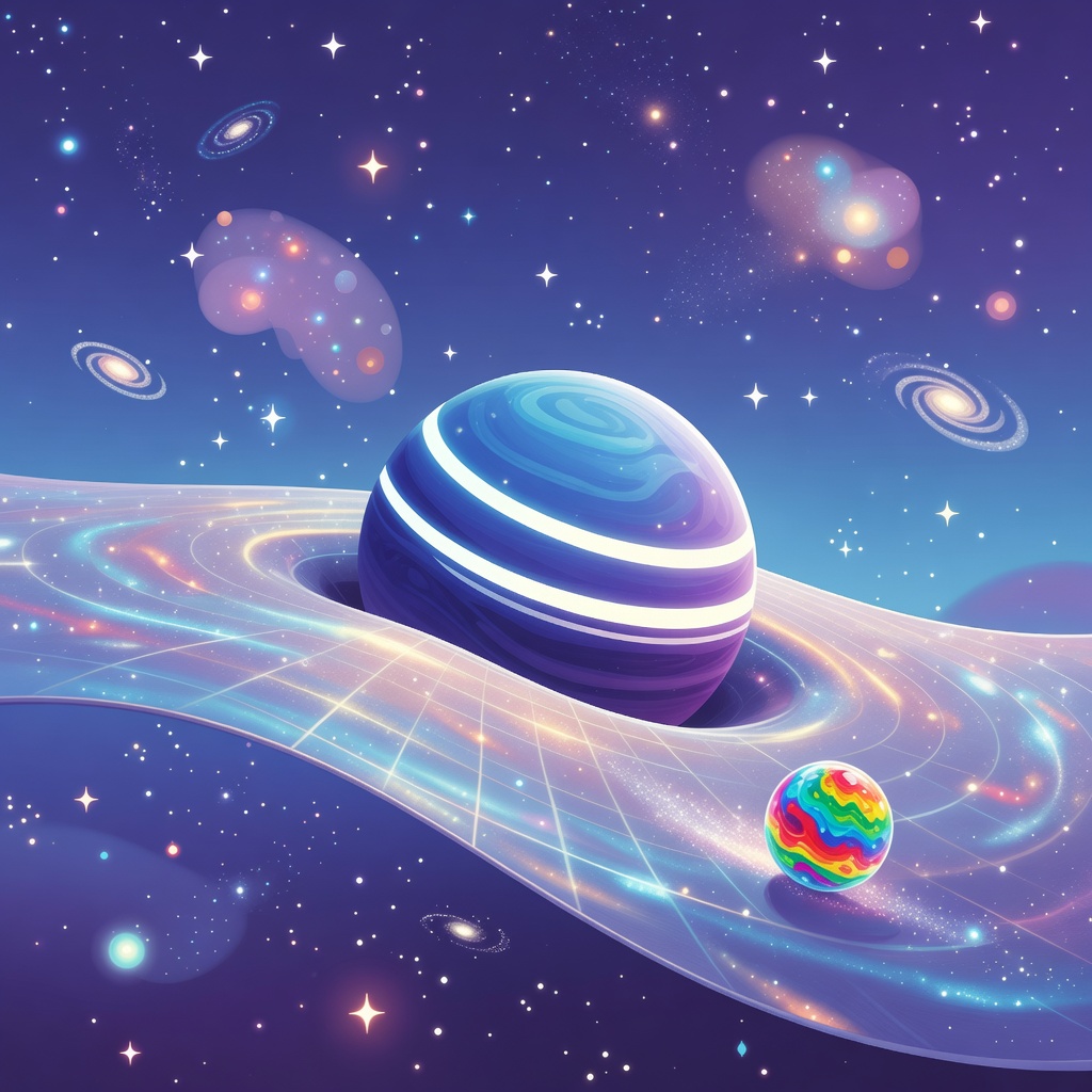 Pixar-style illustration showing spacetime bending around a large planet like a bowling ball on a trampoline, demonstrating Einstein's General Relativity for kids.