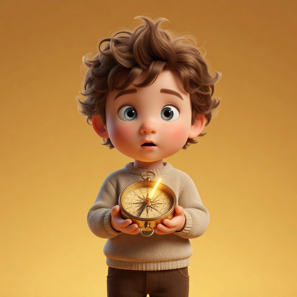 Pixar-style illustration of young Albert Einstein as a curious child holding a golden compass, fascinated by the invisible force moving the needle.