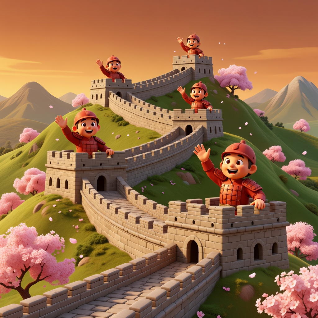 Pixar-style illustration of the Great Wall of China snaking over rolling green hills with cartoon Chinese soldiers on watchtowers.
