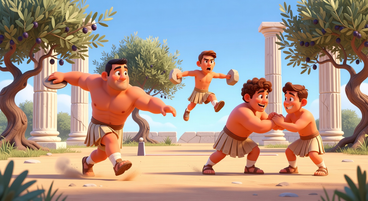 Pixar-style illustration of ancient Greek athletes training in a gymnasium, practicing discus throwing and wrestling, with olive trees in the background.