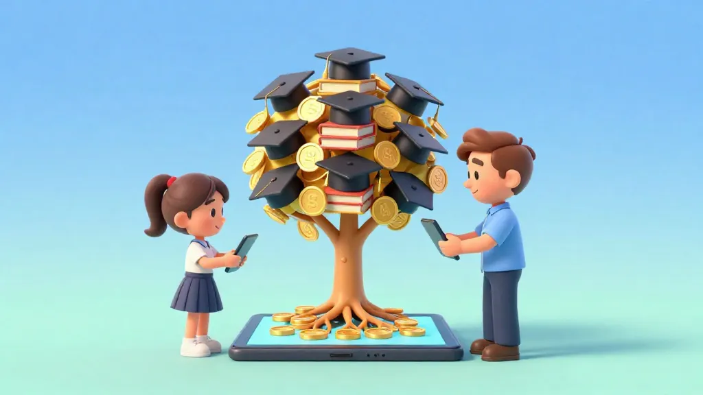 Un adolescente y su padre mirando un árbol de inversión que crece, simbolizando los ahorros para la universidad.