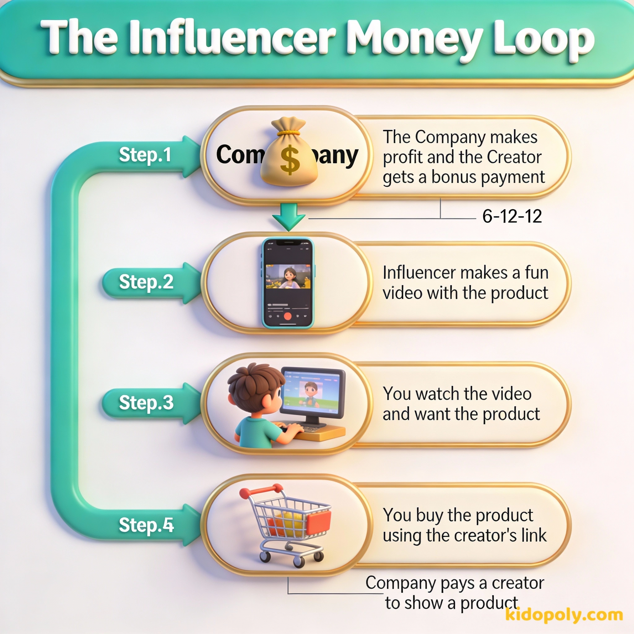 Un diagrama de flujo que muestra cómo interactúan los influencers, las empresas y los espectadores en un ciclo de marketing.