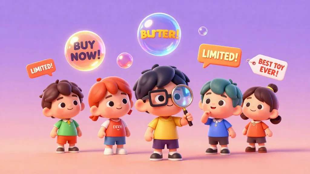 Niños en un mundo digital detectando burbujas de publicidad con una lupa.