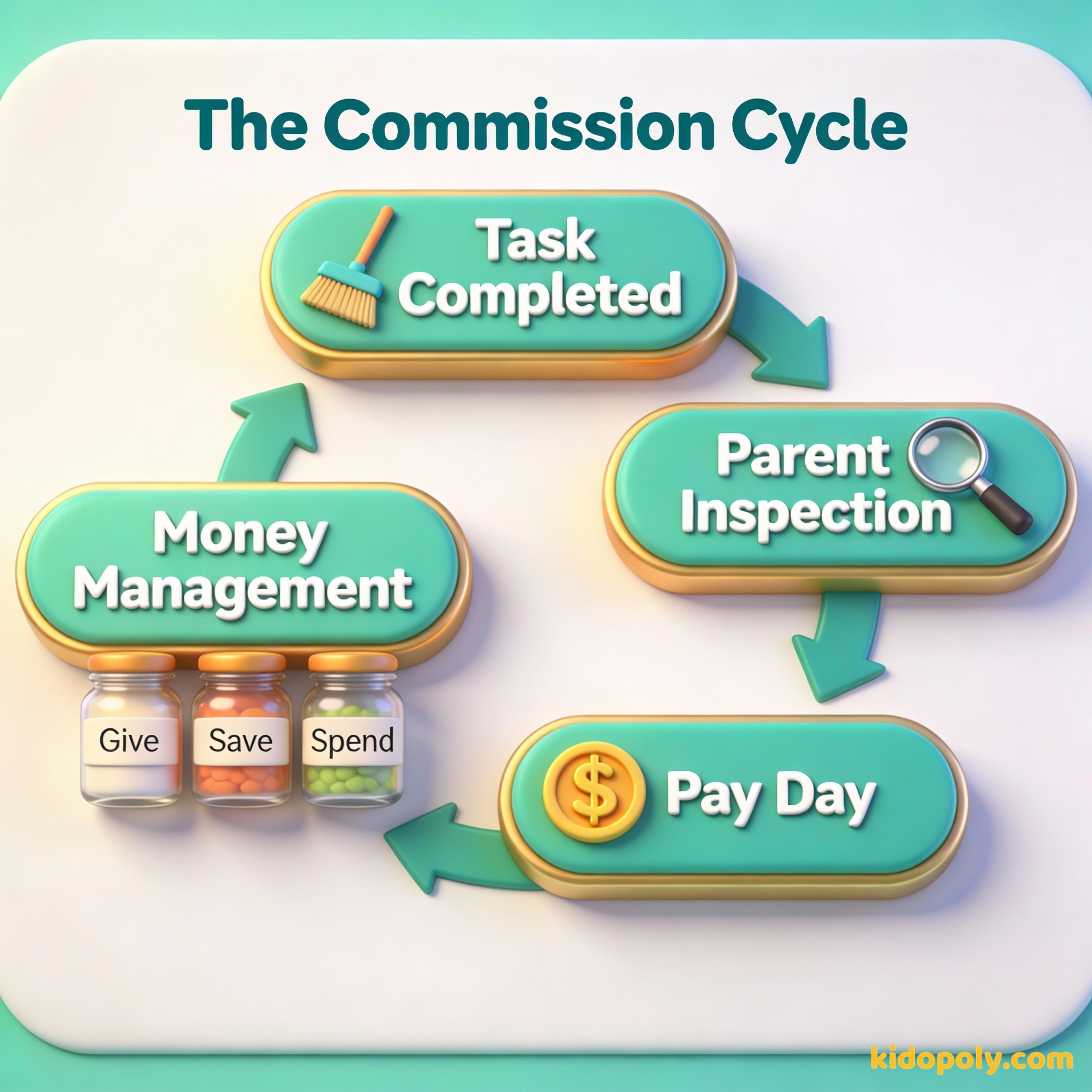 Diagrama que muestra los cuatro pasos del ciclo de comisiones para niños