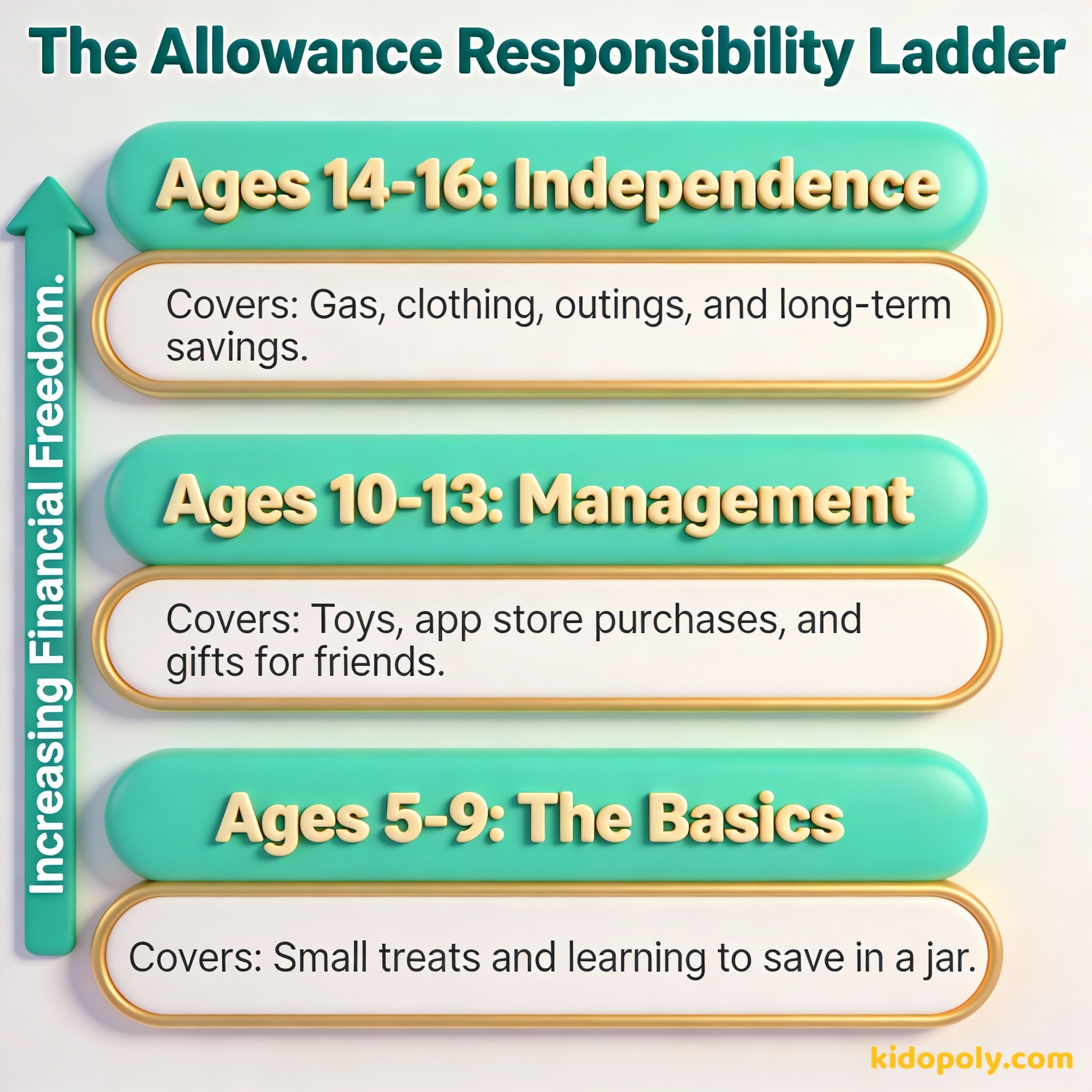Un diagrama de una escalera vertical que muestra cómo aumentan las cantidades de la paga y las responsabilidades a medida que el niño crece.