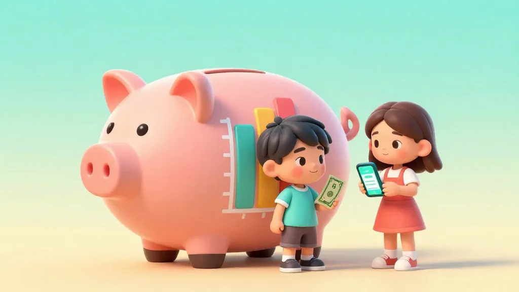 Dos niños de diferentes edades junto a una tabla de crecimiento que representa cómo aumenta su paga con el tiempo.