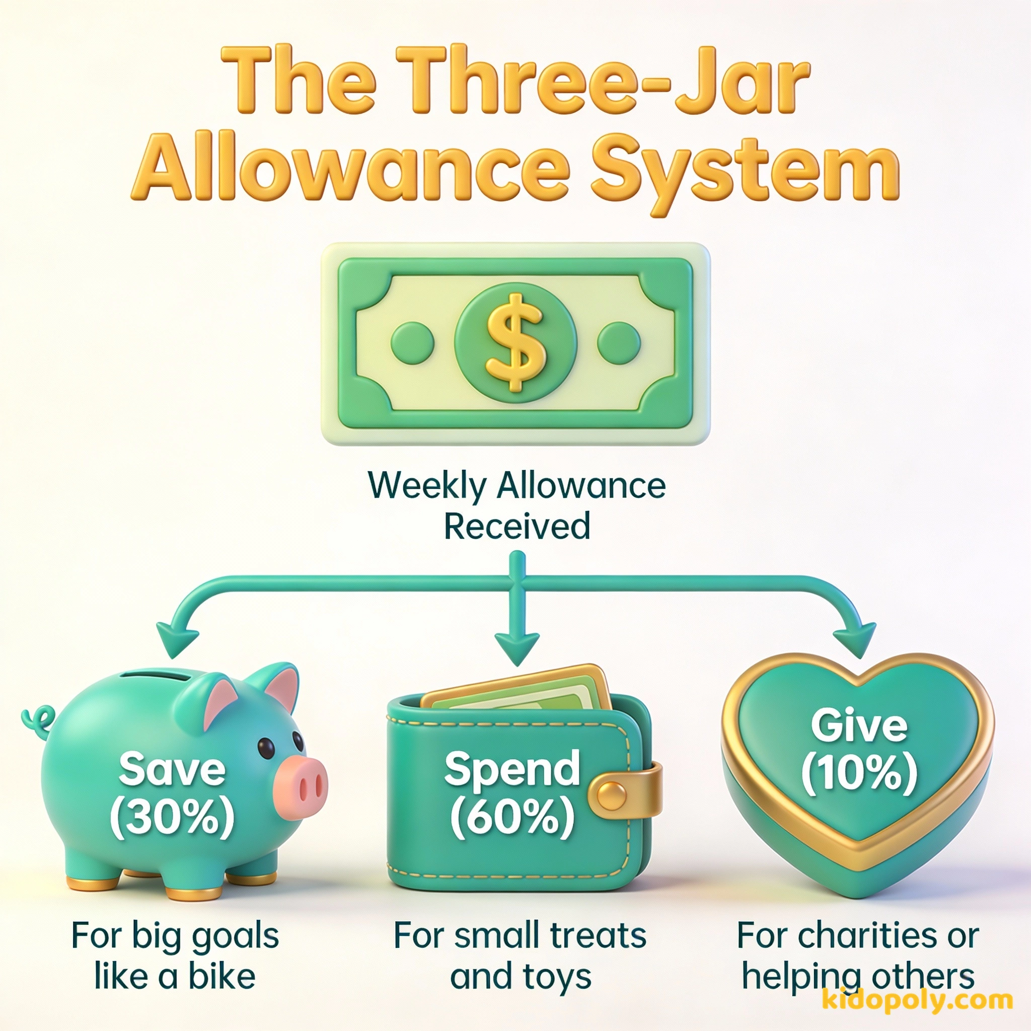 Un diagrama de flujo que muestra cómo dividir una mesada semanal en las categorías Gastar, Ahorrar y Dar.
