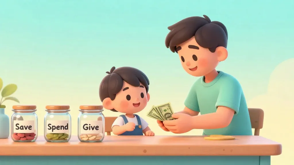 Un padre enseñando a su hijo cómo dividir su mesada en frascos para ahorrar, gastar y donar.
