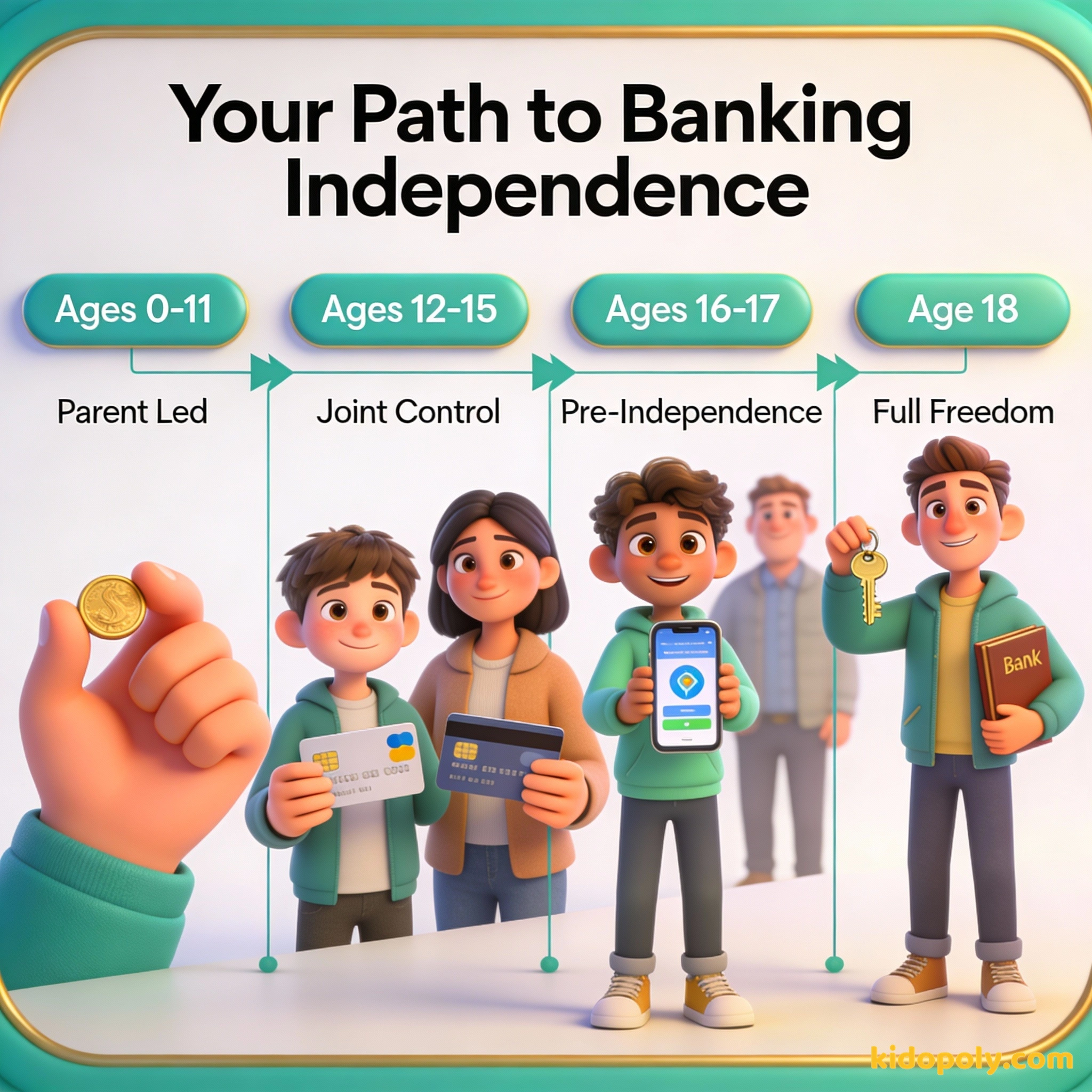 Un diagrama que muestra cómo el control bancario pasa de los padres a los adolescentes a medida que crecen.