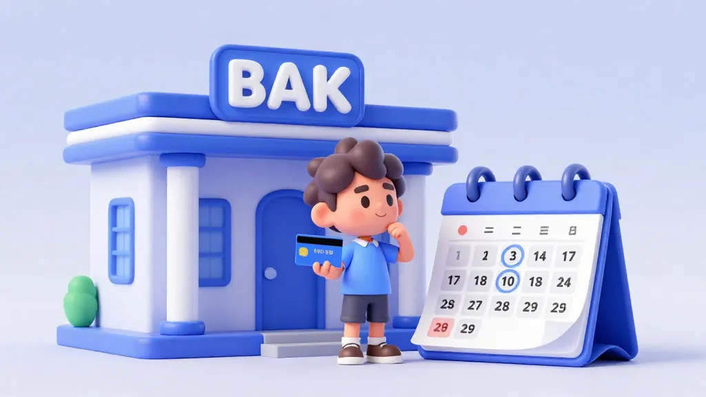 Un adolescente mirando un banco y un calendario, representando el camino hacia la independencia financiera.