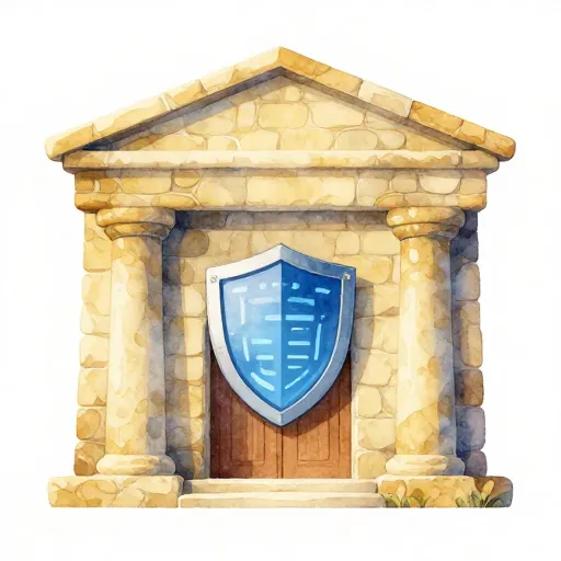 An ancient bank building protected by a modern digital shield.