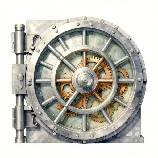 The inside of a massive bank vault door showing the locking gears.