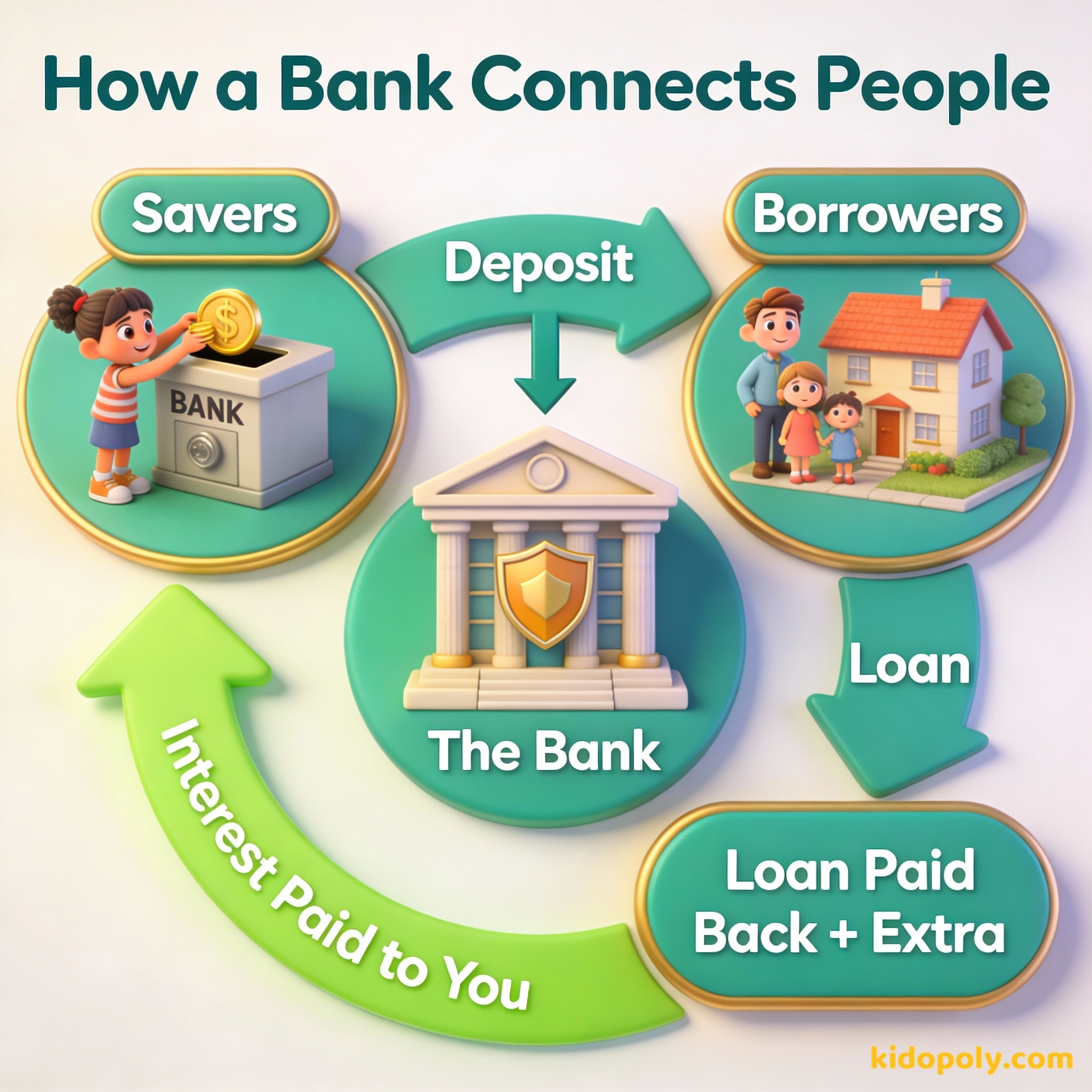 A diagram showing how money moves from savers to the bank, then to borrowers, and finally back to savers as interest.