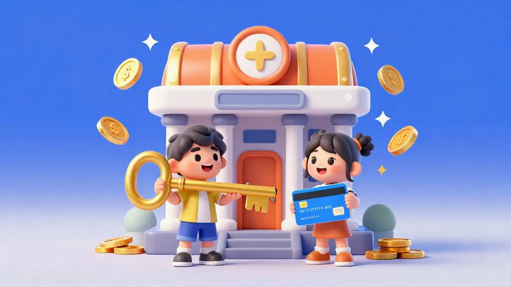 Two kids standing happily in front of a modern, friendly bank building.