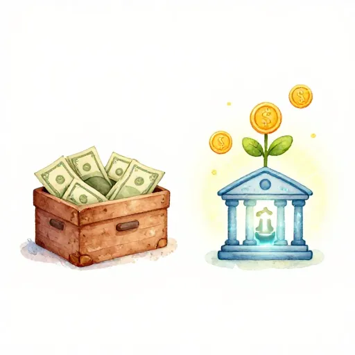 Comparación de dinero en una caja de zapatos frente a dinero en una cuenta de alto rendimiento.