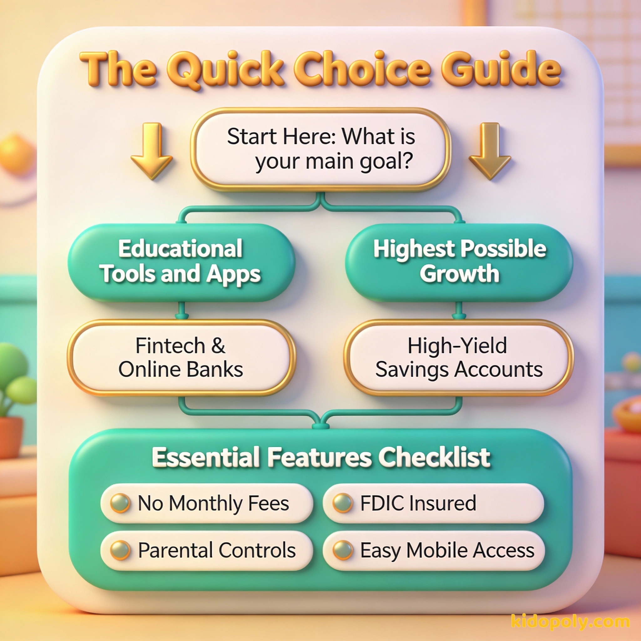 Un diagrama de árbol de decisión que ayuda a los padres a elegir entre cuentas fintech educativas y cuentas de ahorro de alto rendimiento.