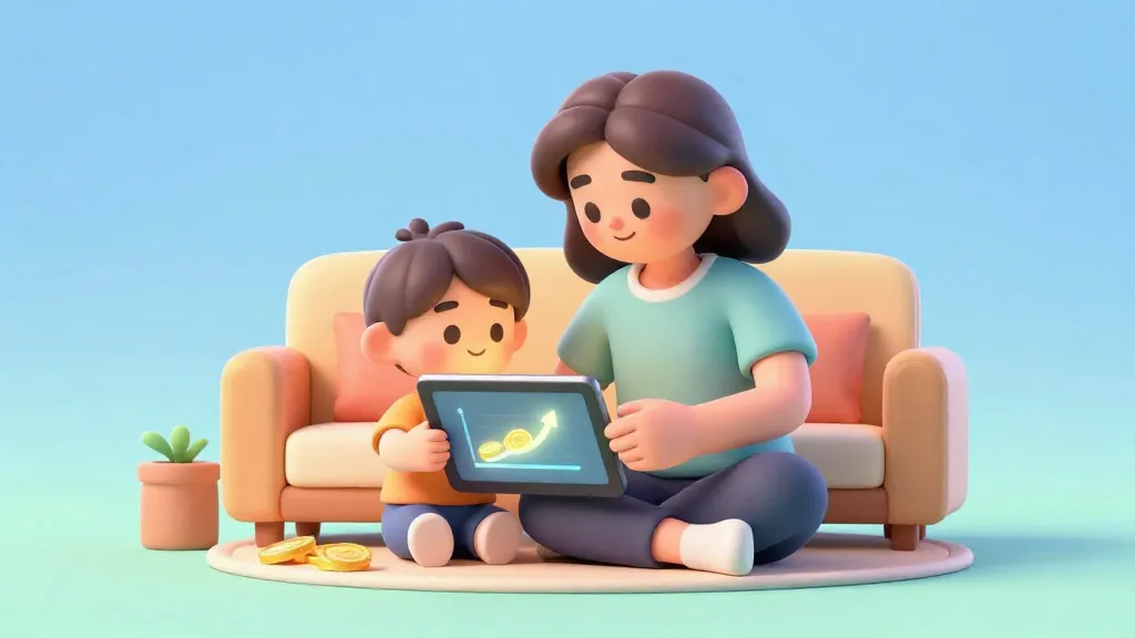 Un padre y su hijo mirando juntos una aplicación digital de ahorros en un hogar acogedor.