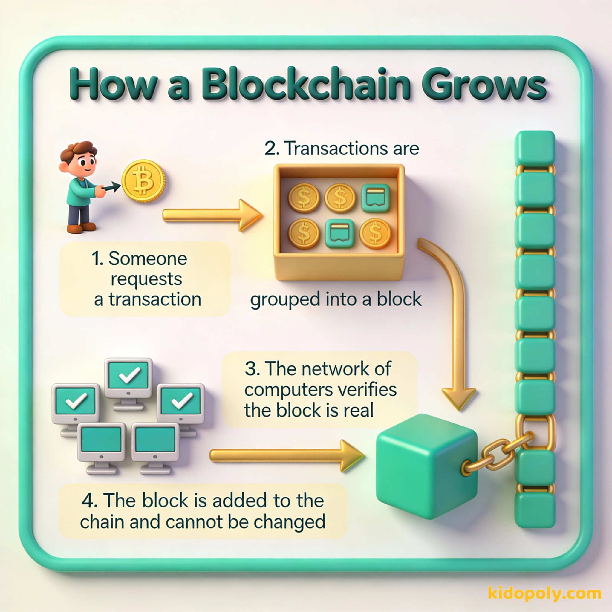 Un diagrama paso a paso que muestra cómo las transacciones se agrupan en bloques y se añaden a una cadena segura.