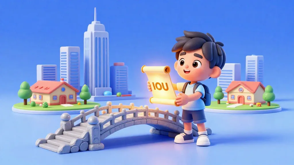 Un niño sosteniendo un certificado de bono brillante que construye el puente de una ciudad.