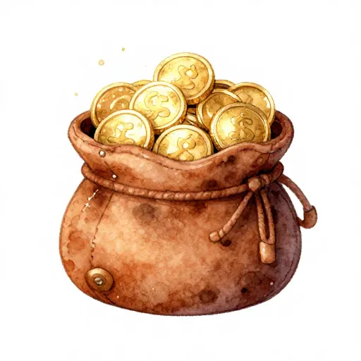 Una bolsa de cuero antigua con monedas dentro.