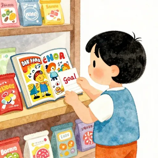 Un niño eligiendo entre un cómic y chuches.