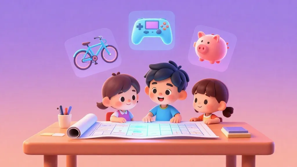 Dos niños mirando un plan de presupuesto mágico y brillante que muestra metas como una bicicleta y un videojuego.