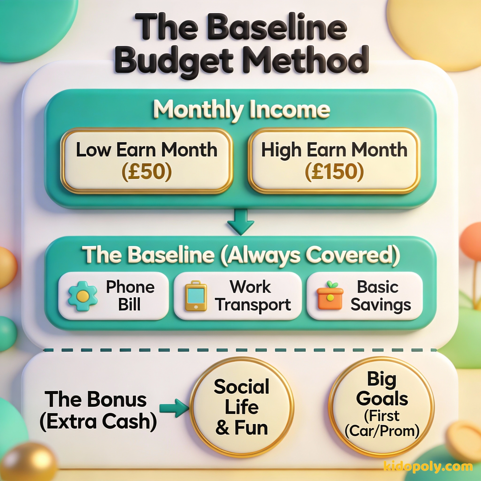 Un diagrama que muestra cómo hacer un presupuesto cuando tus ingresos cambian cada mes, centrándose primero en cubrir lo básico.