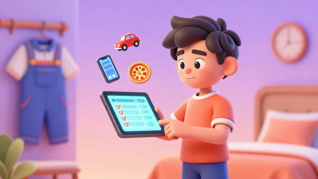 Un adolescente gestionando su dinero con confianza en una tableta digital con iconos que representan metas como un coche y vida social.