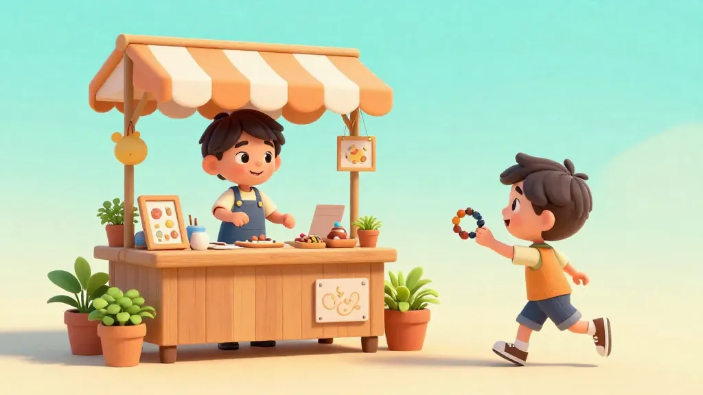 Un joven emprendedor vendiendo artesanías hechas a mano en un puesto de mercado