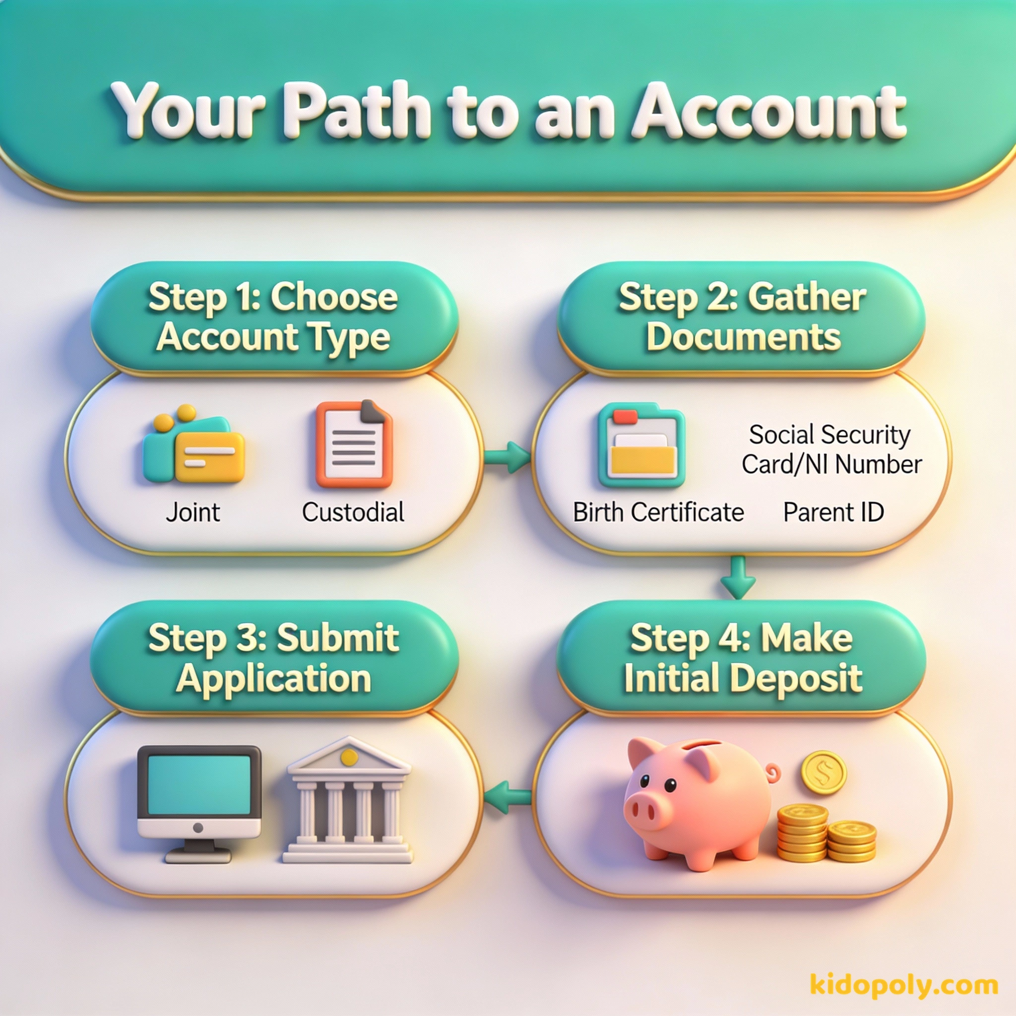 Diagrama de cuatro pasos que muestra el proceso de elegir una cuenta, reunir documentos, solicitarla y depositar fondos.
