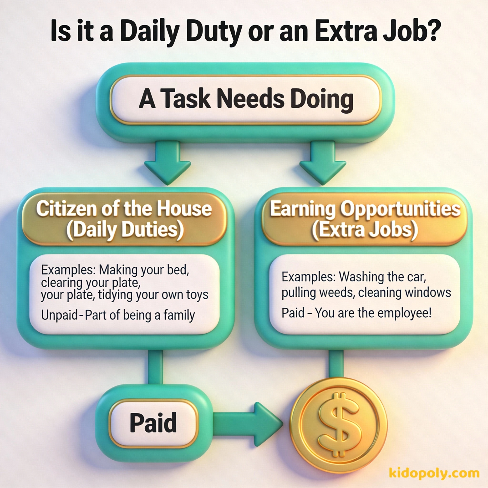 Un diagrama de árbol de decisión que muestra la diferencia entre los deberes diarios no remunerados y las tareas extra pagadas.