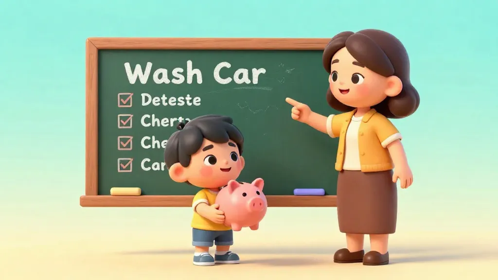 Un niño y su padre mirando juntos una tabla de tareas al lado de una hucha.