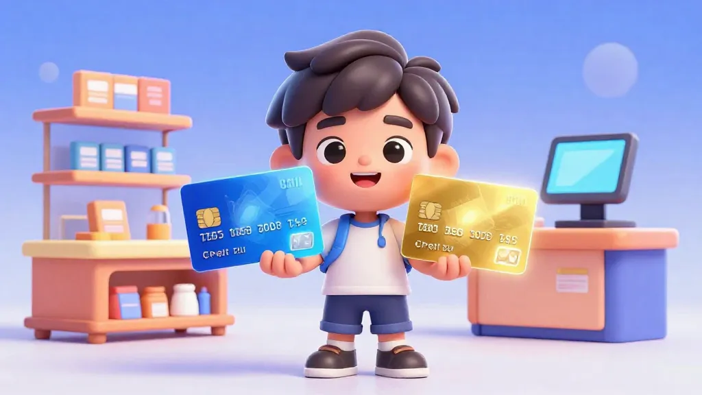 Un niño comparando una tarjeta de débito azul brillante y una tarjeta de crédito dorada en una tienda.