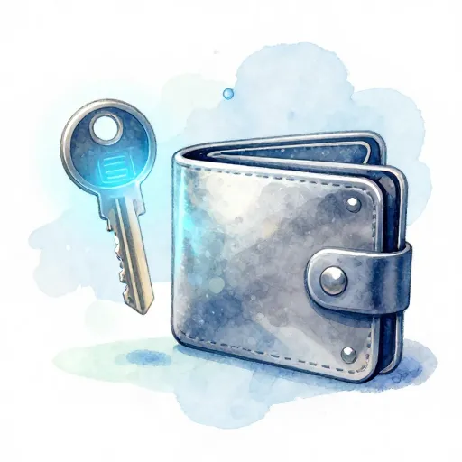 Una llave digital y un monedero que representan la seguridad cripto.