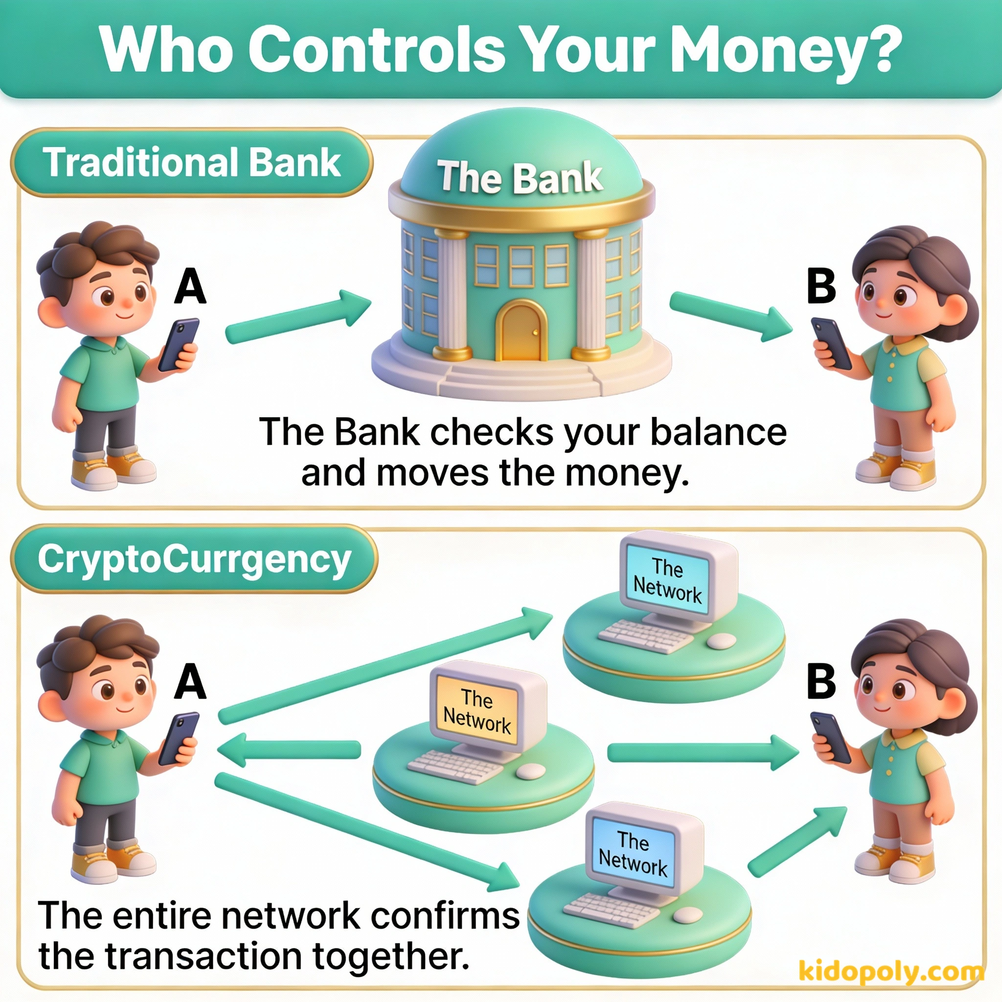 Un diagrama que compara cómo los bancos y las redes de criptomonedas procesan las transferencias de dinero.