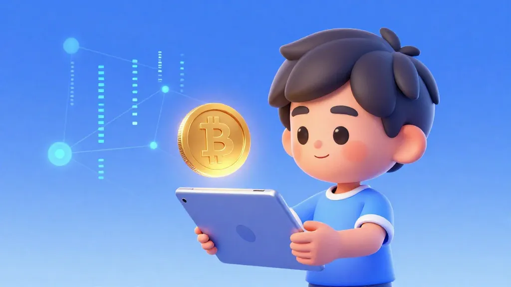 Un adolescente mirando una moneda digital brillante que representa una criptomoneda.