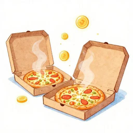 Dos pizzas rodeadas de símbolos de moneda digital.