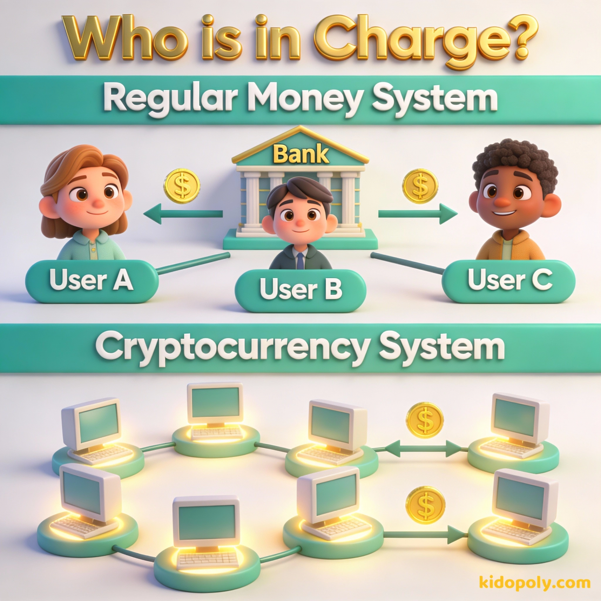 Una comparación que muestra un banco en medio de las transacciones frente a una red de ordenadores de persona a persona.