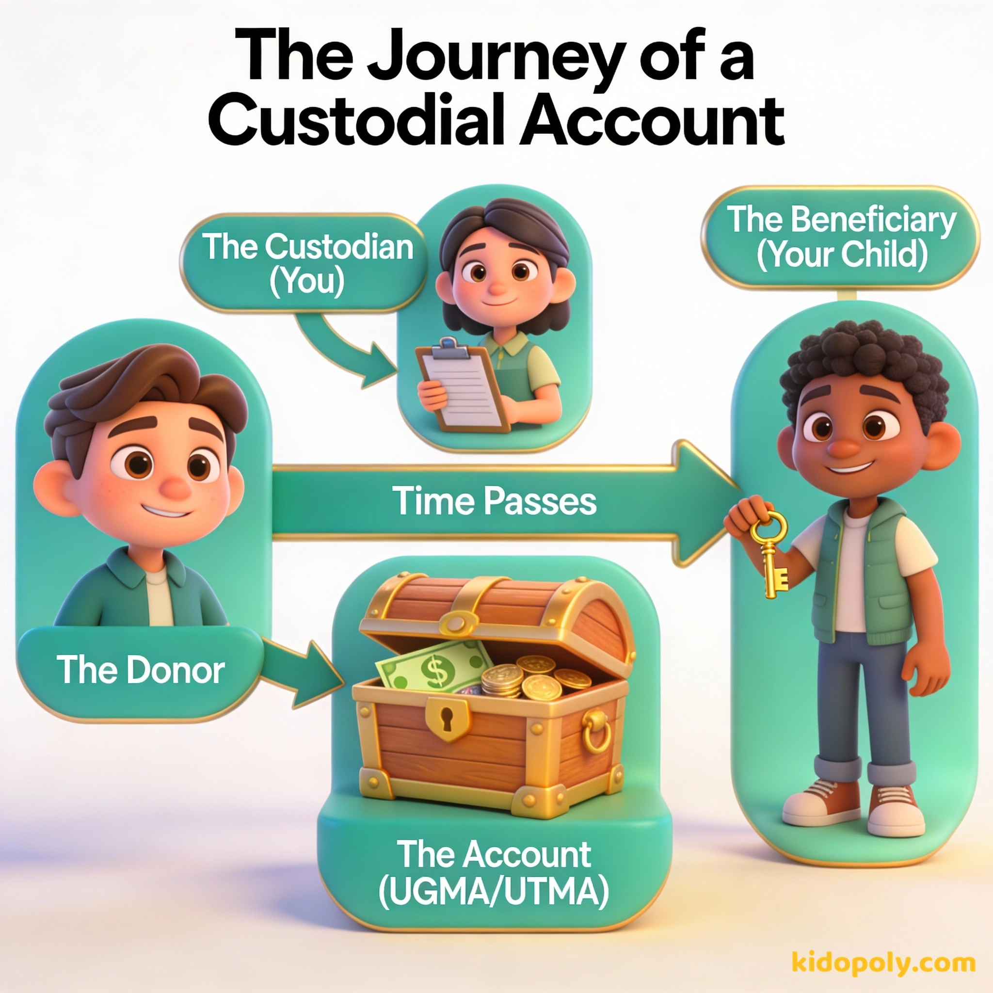 Un diagrama que muestra al padre como donante, la cuenta creciendo con el tiempo y el niño tomando el control a los 18 o 21 años.