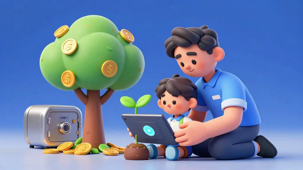 Un padre y su hijo viendo una pequeña planta crecer hasta convertirse en un árbol hecho de monedas, simbolizando una cuenta de inversión de custodia.