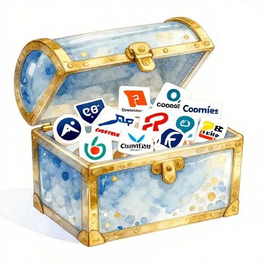 Un cofre del tesoro lleno de logotipos de diferentes empresas.