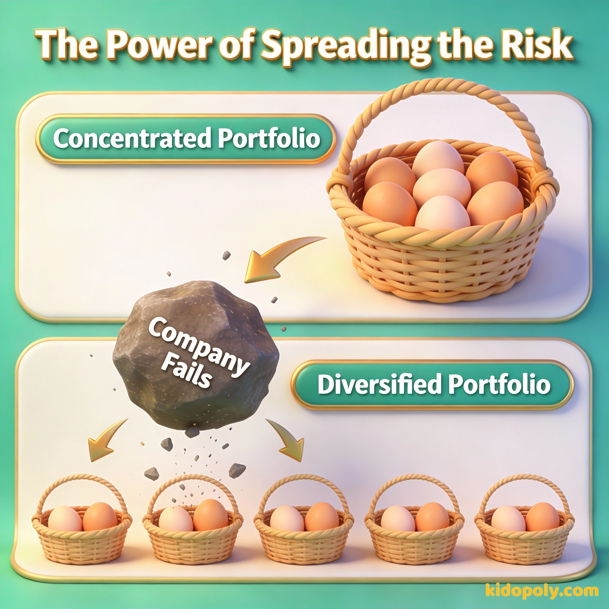 Un diagrama que compara una sola cesta de huevos frente a cinco cestas para mostrar la protección contra riesgos.