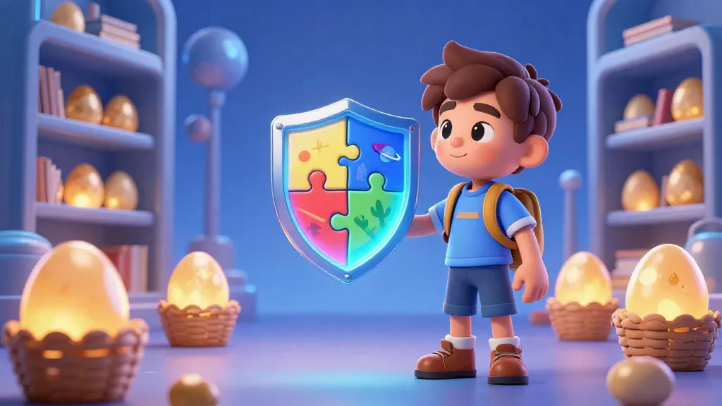 Un joven explorador con un escudo hecho de diferentes piezas coloridas y muchas cestas con huevos de oro.