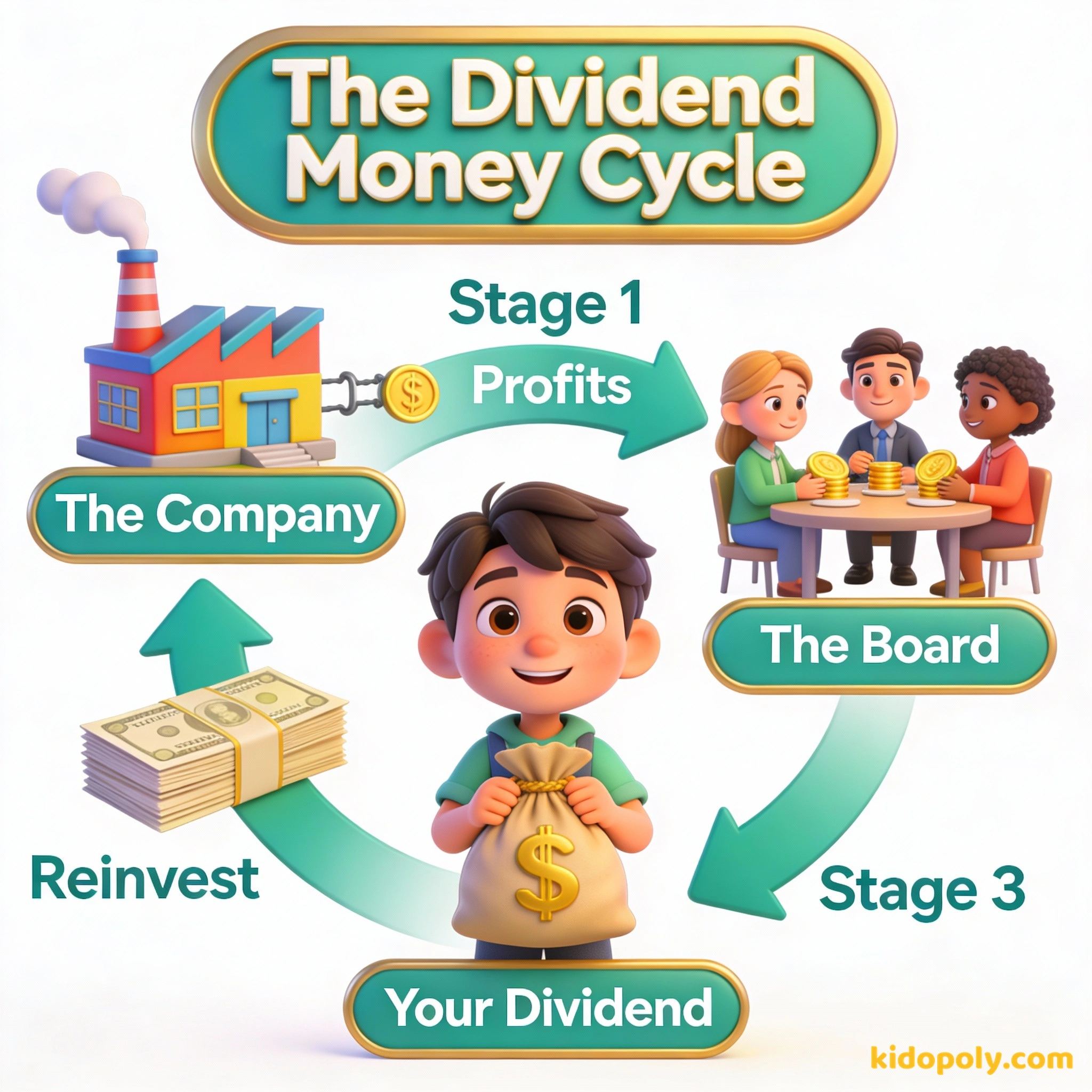 Un diagrama circular que muestra cómo las ganancias de la empresa se convierten en dividendos para ti