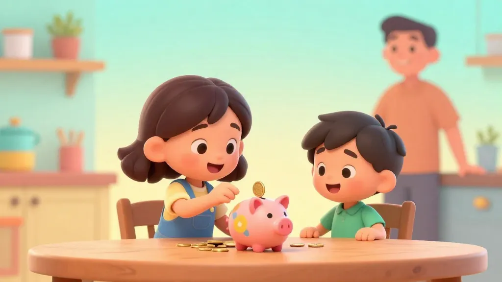 अपने माता-पिता के साथ टेबल पर पॉकेट मनी गिनते बच्चे