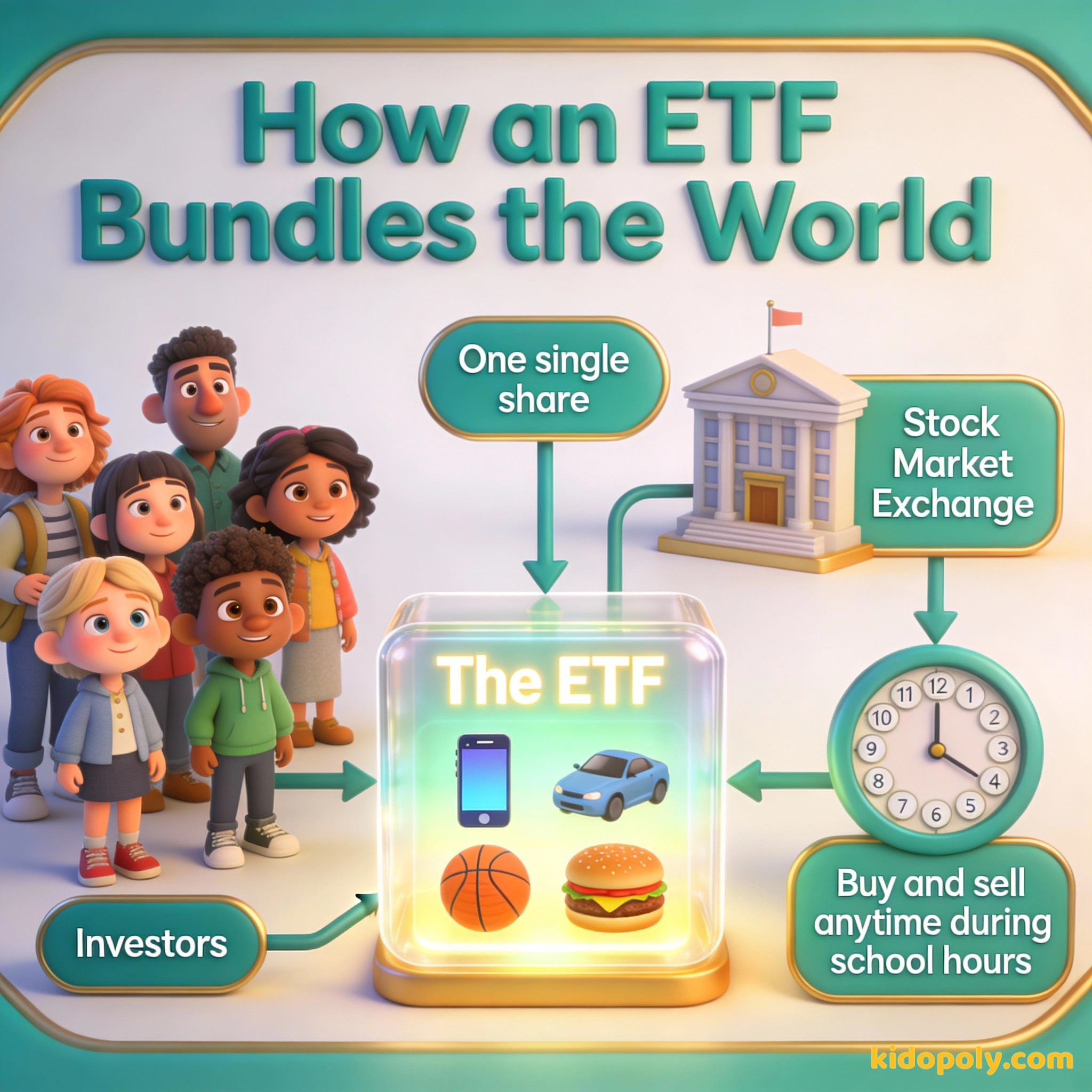 Un diagrama de flujo que muestra cómo los inversores compran una acción de un ETF para poseer un paquete de diferentes empresas en la bolsa de valores.